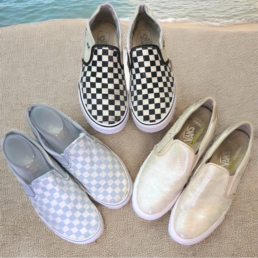 Women’s Vans Asher Slip On Shoe Lot - Black Blue Checkered & Pearl Size 10-11 - Picture 1 of 16